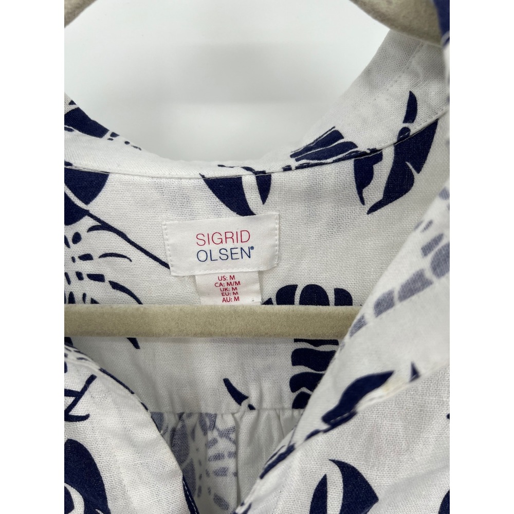 Sigrid Olsen Womens Linen Lobster Print Tunic Top‎ White Navy Blue Roll Tab Med - Picture 2 of 11